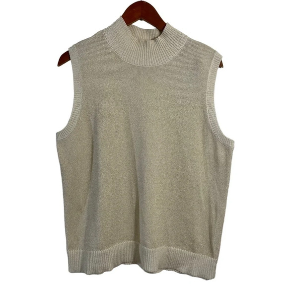Quacker Factory Metallic Sweater Tank Top XL Cream Gold Mock Neck Holiday Knit - Picture 1 of 5